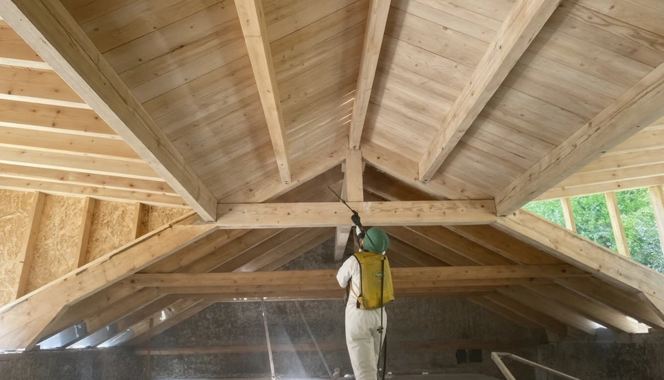 Atelier intérieur avec compresseur d'air orange positionné sous établi en bois