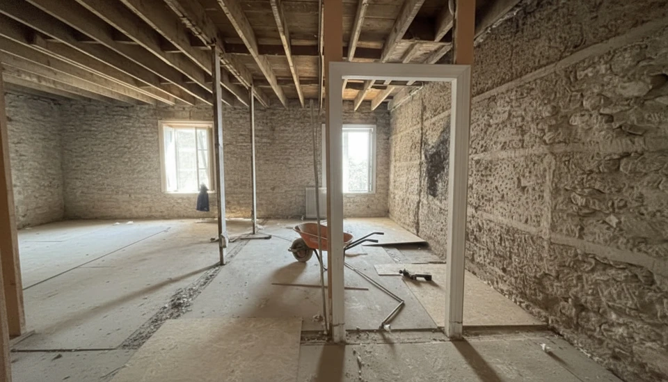 Un ouvrier en combinaison bleue utilise une meuleuse d'angle sur un chantier extérieur, découpant des blocs de béton ou pierre